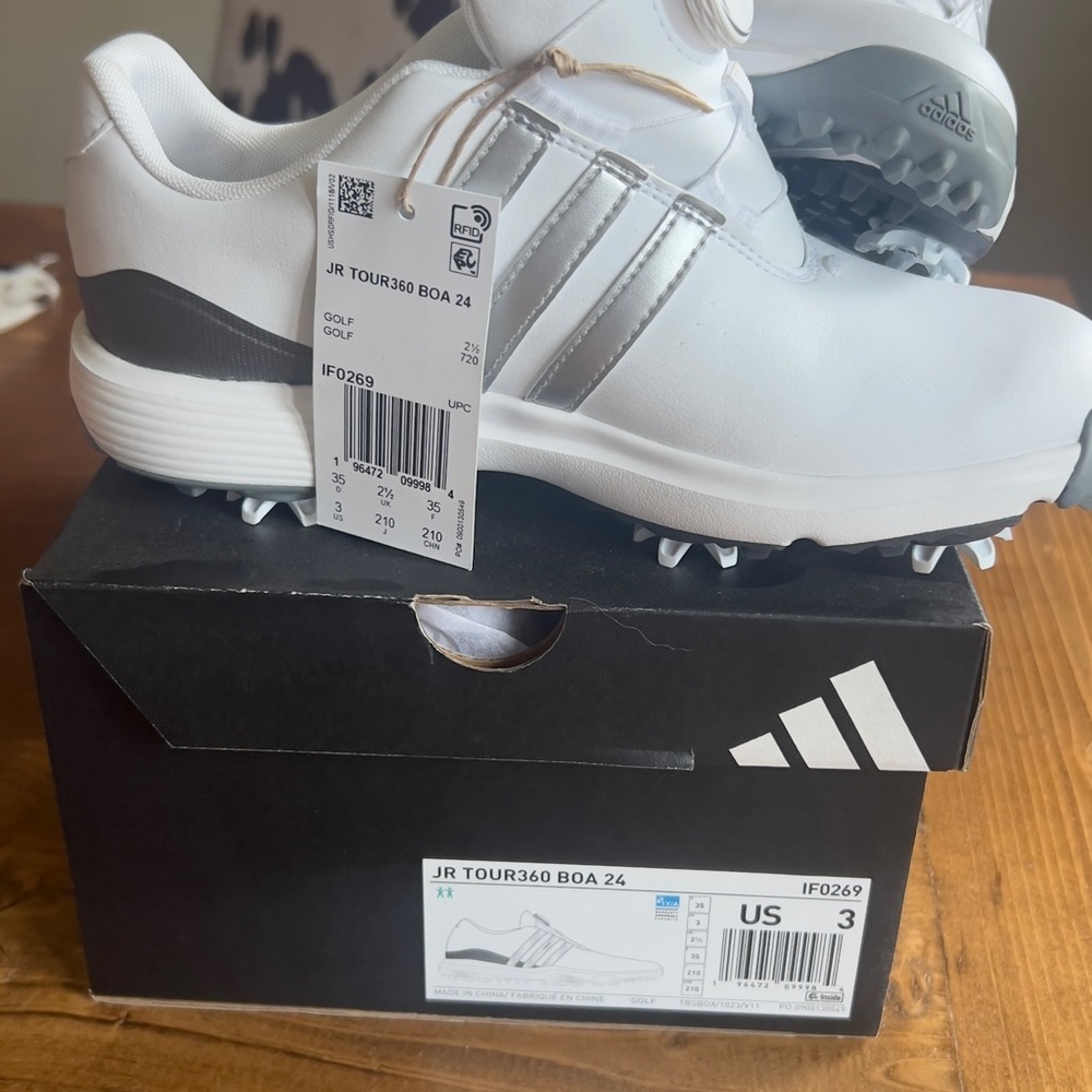 adidas White and Silver Junior BOA Golf Shoes
